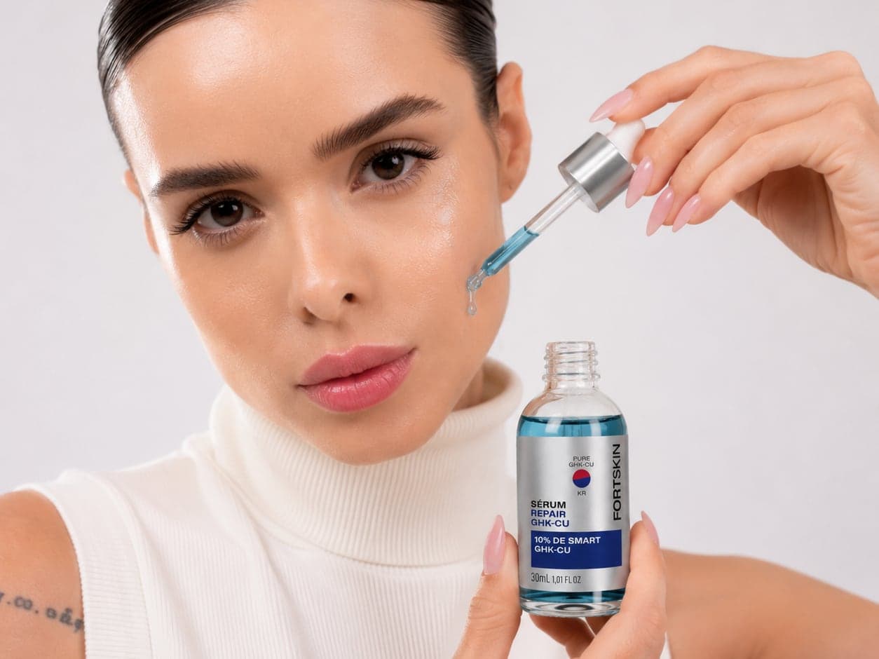 Mulher aplicando o Sérum Repair GHK-Cu da FortLife no rosto